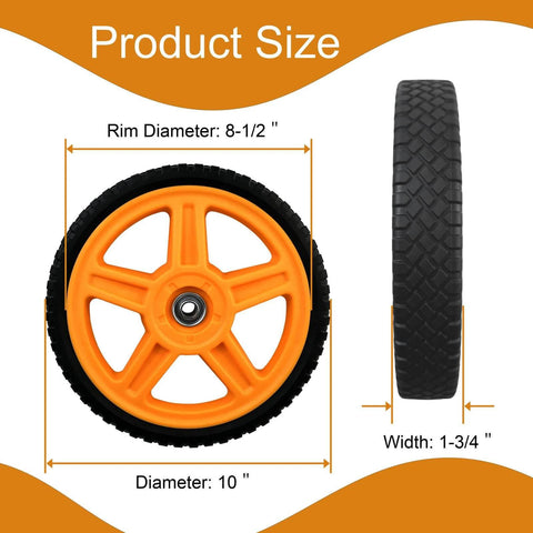 Front and side view of 10 Inch Lawn Mower Wheels for Push Mowers, Plastic PU Wheels with Bolts & Nuts, showing dimensions.