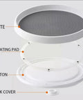 Exploded view of 10 Inch Lazy Susan Turntable For Kitchen Cabinets And Refrigerators Pantry Organizer, showing plate, rotating pad, bottom, and back cover in white and gray.