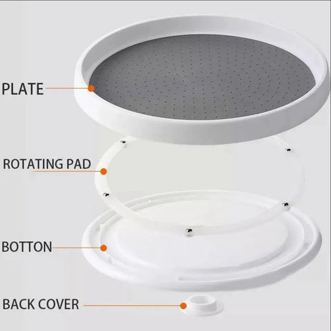 Exploded view of 10 Inch Lazy Susan Turntable For Kitchen Cabinets And Refrigerators Pantry Organizer, showing plate, rotating pad, bottom, and back cover in white and gray.