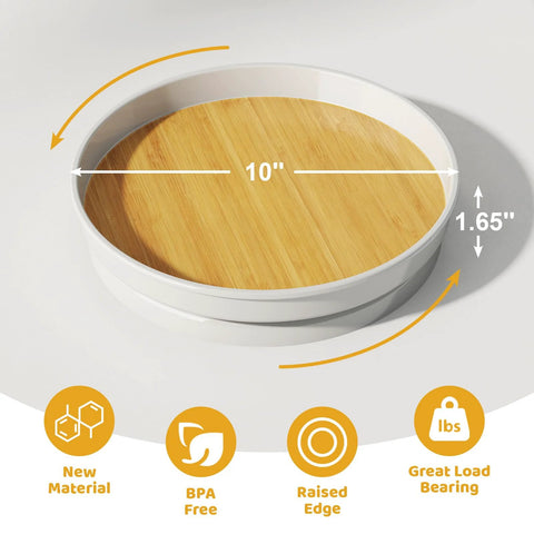 Two Pack 10 Inch Lazy Susan Turntable For Cabinets And Tables with oak finish and durable melamine surface, ideal for storage.
