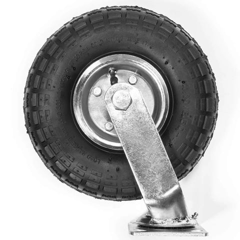 Close-up of a 10 inch pneumatic tire with air rubber wheel, showcasing swivel caster bolt on, ideal for carts and trolleys.