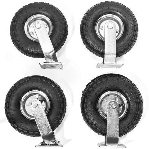 10 Inch Pneumatic Tire Set Of Four With Air Rubber Wheels Two Rigid Fixed And Two Swivel Caster Bolt On, top view