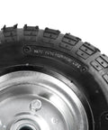 Close-up of a 10" heavy-duty replacement tire for gorilla carts, hand trucks, generators, lawn mowers, showing tread and rim detail.