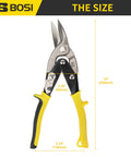 10 Inch Aviation Tin Snips Right Cut for Straight and Right Curve Cuts with yellow handles and serrated blades, showing dimensions.