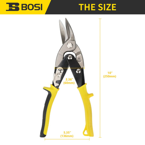 10 Inch Aviation Tin Snips Right Cut for Straight and Right Curve Cuts with yellow handles and serrated blades, showing dimensions.