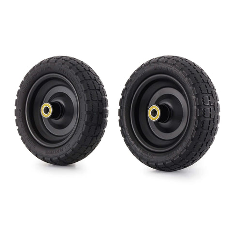 Two black solid polyurethane no-flat tires, 10 inch, with 2.16” hub and 5/8” bore from 4-pack, 300 lb capacity each for garden utility wagon.