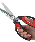 Hand holding 10 Inch Heavy Duty Scissors With Titanium Coating Forged Stainless Steel Blades For Pruning Gardening Fabric And Household Tasks Rust Resistant Multipurpose Shears With Red And Black Handles
