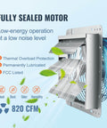 Side view of 10 Inch Shutter Exhaust Fan With 820 CFM High Speed Aluminum Wall Mount Attic Fan For Ventilation And Cooling In Greenhouses Garages Sheds And Shops With AC Motor FCC Listed By VEVOR