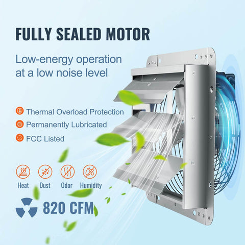 Side view of 10 Inch Shutter Exhaust Fan With 820 CFM High Speed Aluminum Wall Mount Attic Fan For Ventilation And Cooling In Greenhouses Garages Sheds And Shops With AC Motor FCC Listed By VEVOR