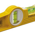Stabila 10-Inch Die-Cast Magnetic Level with Rare Earth Magnets, dual acrylic vials, yellow die-cast frame visible.