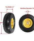 10" solid rubber tires and yellow wheels 4.10/3.50-4 (10 x 3.5) flat free tire with 5/8" bearings, front and side view, dimensions marked