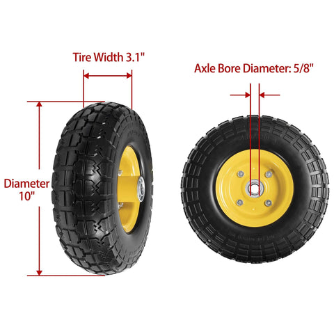 10" solid rubber tires and yellow wheels 4.10/3.50-4 (10 x 3.5) flat free tire with 5/8" bearings, front and side view, dimensions marked
