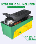 Powerful 10,000 PSI Air Hydraulic Pump With 1.6L Reservoir And Foot Pedal, Three Eighths NPT Oil Outlet visible on green unit