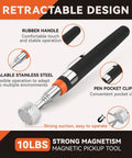 Four piece telescoping magnetic pickup tool set includes a 10 lb extender with rubber handle, stainless steel design, and pen pocket clip.