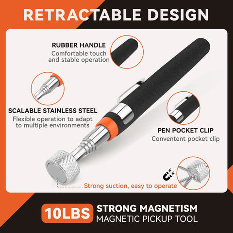 Four piece telescoping magnetic pickup tool set includes a 10 lb extender with rubber handle, stainless steel design, and pen pocket clip.