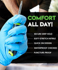Person holding tool with 10 Mil Nitrile Heavy Duty Gloves With Diamond Grip For Mechanics Auto Repair, showcasing secure grip.