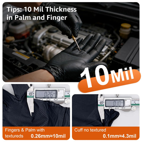 Mechanic wearing Thick 10Mil Nitrile Gloves Diamond Textured Heavy Duty Latex Free Disposable while working on engine