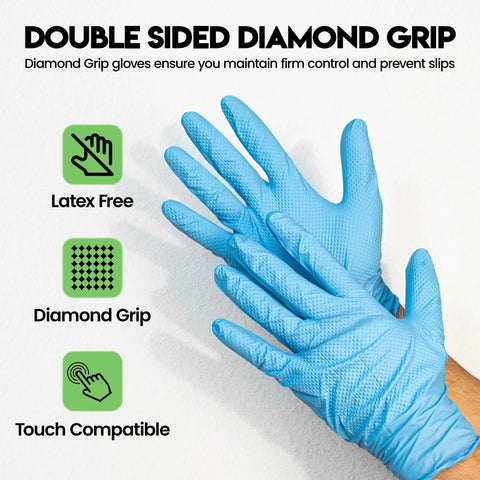 10 Mil Nitrile Heavy Duty Gloves With Diamond Grip For Mechanics Auto Repair, blue gloves with diamond texture.