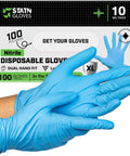10 Mil Nitrile Heavy Duty Gloves With Diamond Grip For Mechanics Auto Repair in blue with textured surface, box packaging visible
