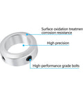 (4-Pack) Aluminum Alloy 10mm Bore Shaft Collars Screw Style，Bore Shaft Collars with 10mm Bore Size, 16mm Outer Diameter, and 8mm Width - Suitable for CNC Machine Tools, showing surface treatment and bolts.