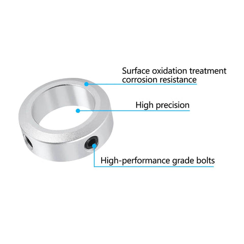 (4-Pack) Aluminum Alloy 10mm Bore Shaft Collars Screw Style，Bore Shaft Collars with 10mm Bore Size, 16mm Outer Diameter, and 8mm Width - Suitable for CNC Machine Tools, showing surface treatment and bolts.