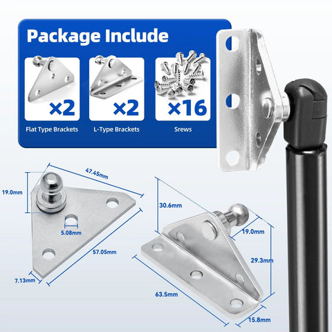 Diagram of 10mm Ball Stud Mounting Bracket Kit For Universal Gas Struts; includes 2 angled brackets, 2 flat brackets, and 16 screws.