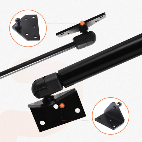 10mm Ball Stud Mounting Brackets Kit with angled and flat mounts for gas struts, screws, shown in detail with support up to 200 lbs