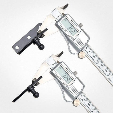 Digital calipers measuring 10mm Ball Stud Mounting Bracket Kit for Gas Strut Lift-O-Mat Systems with black finish.