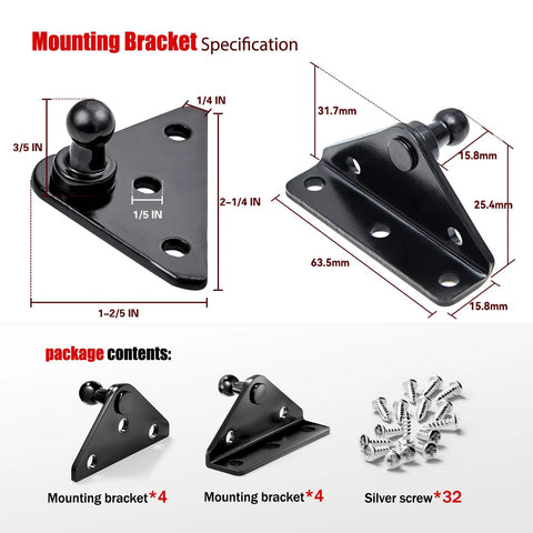 10mm Ball Stud Gas Spring Mounting Bracket Kit with dimensions, L and flat type brackets, screws included