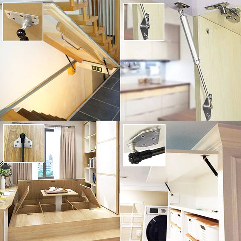 Four 10mm Ball Stud Mounting Brackets With Three 316 Stainless Steel Screws Kit installed on various furniture and cabinets