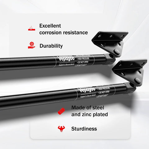 10mm Ball Stud Gas Spring Mounting Bracket Kit showing steel and zinc construction with corrosion resistance and durability features.