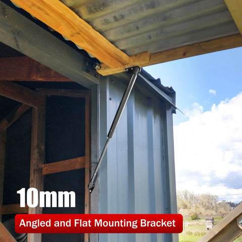 10mm Ball Stud Gas Strut Mounting Brackets Set With 2 L Type Mounts, installed on metal shed door for lifting support