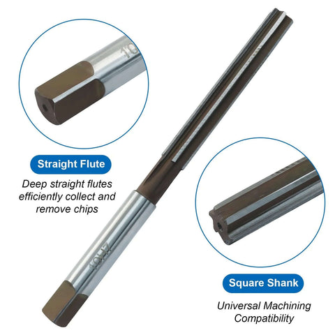 10Mm H7 Hand Reamer Tool With Six Straight Flutes for precision hole finishing, showing straight flutes and square shank features.