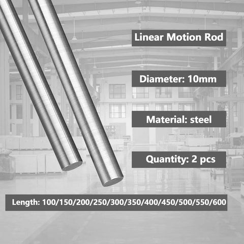2Pcs 10mm x 250mm Linear Rail Rod Shafts, chrome plated C45 steel, displayed with size and material details for CNC and 3D printers.