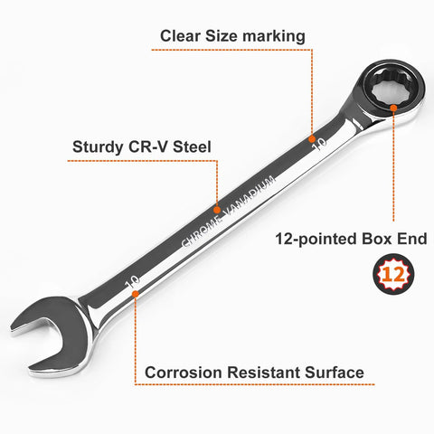 10mm Ratchet Wrench With 12 Point Design Ratcheting Combination Metric Wrench Industrial Grade Gear Spanner 72 Tooth Ratchet Chrome Vanadium Steel Forged And Heat Treated For Maximum Durability with clear size marking, CR-V steel, and corrosion-resistant surface.