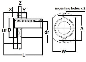 Technical diagram of SMST10UUE NB 10mm Slide Bush Bushings Miniature Motion Linear Bearing with dimensions and mounting holes.