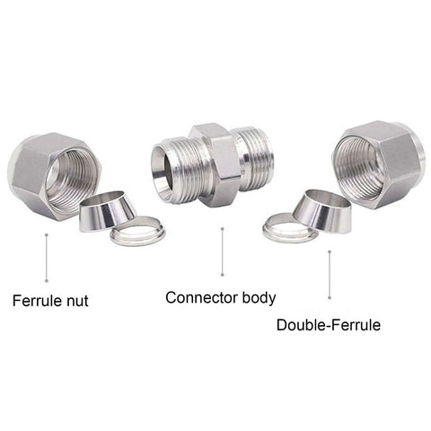 10mm 316 Stainless Steel Compression Fitting Union Straight Tube Connector parts, ferrule nut, connector body, double-ferrule.
