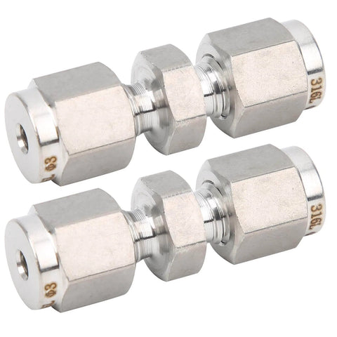 Two 10mm 316 Stainless Steel Compression Fitting Union Straight Tube Connectors, corrosion resistant and ideal for industrial use.