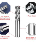 Image of a 10 Piece 4 Flute End Mill Set In Metric Sizes From 2mm To 12mm HSS High Speed Steel For CNC Milling Cutters with features highlighted.