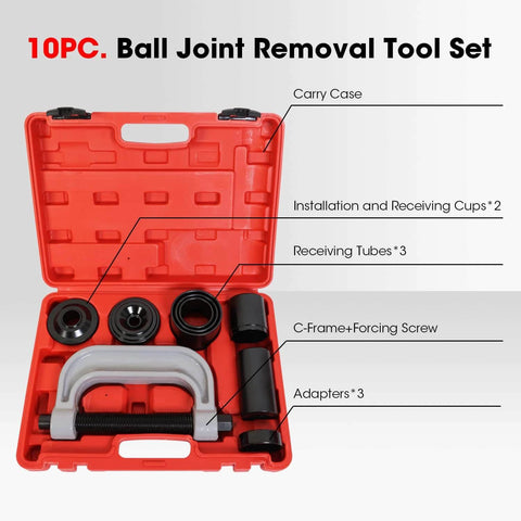 Open red case of Ball Joint Press and U Joint Removal Kit, 10 PCS with C-frame and tools for cars and trucks