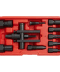 10pc Bridge Bearing Puller Set in red case showing various-sized collets and extractors for removing bearings
