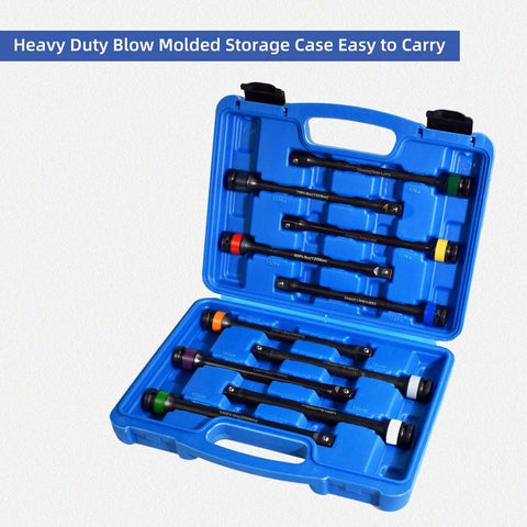 10pc 1/2" Drive Torque Limiting Extension Stick Set in blue blow-molded case, showing 8" 65-150 ft.-lb. impact torque sticks.
