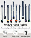 10pc 1/2" Drive Torque Limiting Extension Stick Set with 8" 65-150 ft.-lb. Impact Torque Sticks Safely Locking Lug Nuts