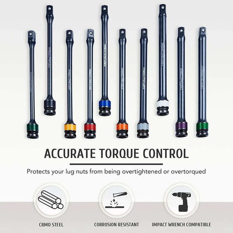 10pc 1/2" Drive Torque Limiting Extension Stick Set with 8" 65-150 ft.-lb. Impact Torque Sticks Safely Locking Lug Nuts