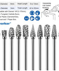Ten Piece Tungsten Carbide Burr Set With One Eighth Inch Shank For Dremel Milwaukee DeWALT Rotary Tools Attachment Kit