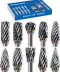Ten Piece Tungsten Carbide Burr Set With One Eighth Inch Shank For Dremel Milwaukee DeWALT Rotary Tools in packaging and close-up view.
