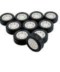 10pcs Toy Car Wheels 20mm Rubber Tires with 1.9mm Hole for 2mm Shaft DIY Model Accessories arranged in a triangle