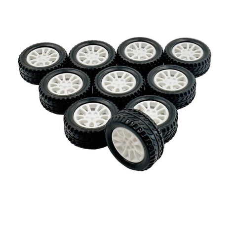 10pcs Toy Car Wheels 20mm Rubber Tires with 1.9mm Hole for 2mm Shaft DIY Model Accessories arranged in a triangle
