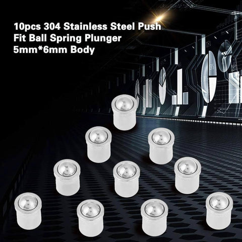 Ball plunger 5mm x 6mm push fit spring plunger made from 304 stainless steel, 10 piece set on dark background with industrial graphics.
