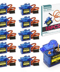 10 Pcs SG90 9G Micro Servo Motor Kit (Metal Gear) for Arduino Projects, showing blue servo motors with wires and packaging.